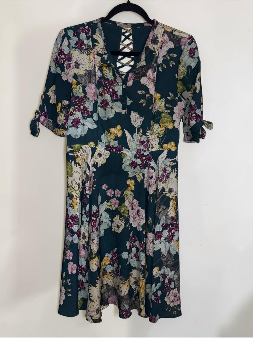 Floral Lace-Up Neck Teal Women's Dress